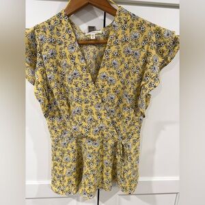 Yellow Floral V-Neck Ruffle Sleeve Top by Monteau Los Angeles